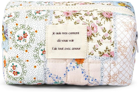 Sminra Floral Makeup Bag Pouch - Small Quilted Cosmetic Organizer for Travel Daily, Aesthetic Cottagecore Cotton Toiletry Pencil Purses with Zipper, Portable Gift for Women Girls (Blue Floral-S)
