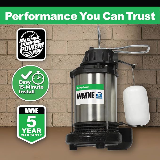 WAYNE CDU980E 3/4 HP Submersible Sump Pump – Cast Iron & Stainless Steel, Vertical Float Switch, 5,490 GPH, 5-Year Warranty