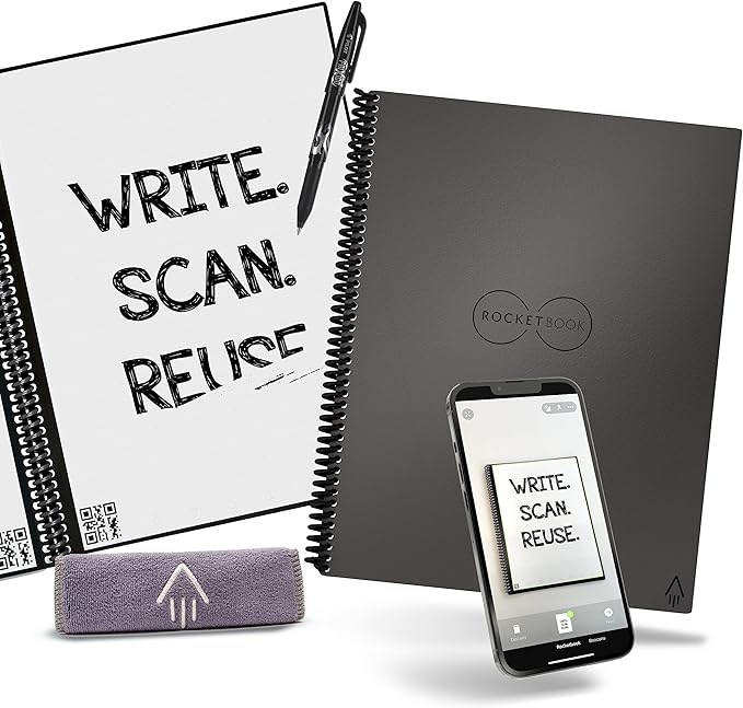 Rocketbook Core Reusable Smart Notebook | Innovative, Eco-Friendly, Digitally Connected Notebook & Smart Notebook Accessory Kit - 2 Black Capped FriXion Pens, 1 Spray Bottle
