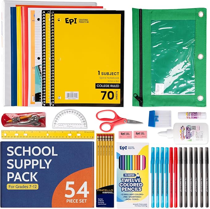 EPI Essentials Back to School Supplies for Kids 7th-12th Grade – 54 Items in Kit – High School Supply Packs – College-Ruled Bundle with Folders & Binders – Suitable for Homeschooling