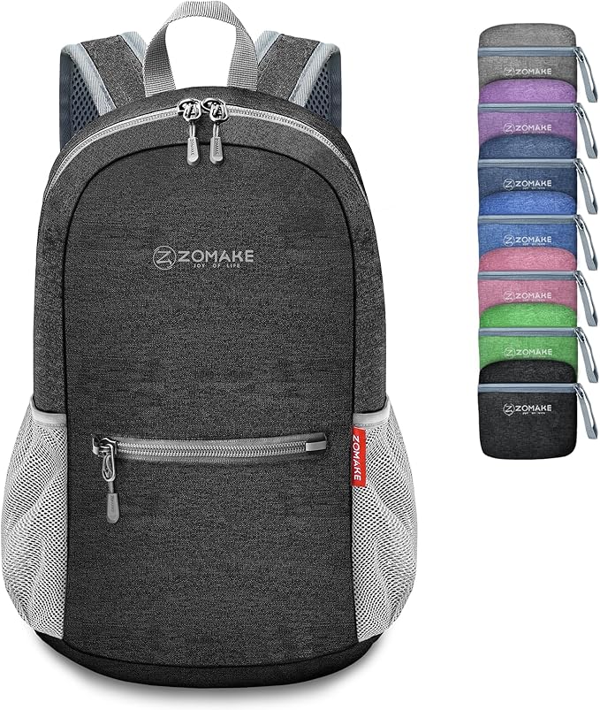 ZOMAKE Lightweight Packable Backpack, 10L Small Foldable Daypack for Hiking | Water Resistant Collapsible Backpacks for Women Men, Everyday Carry, Multi Compartment Storage, Adjustable Strap(Black A5)