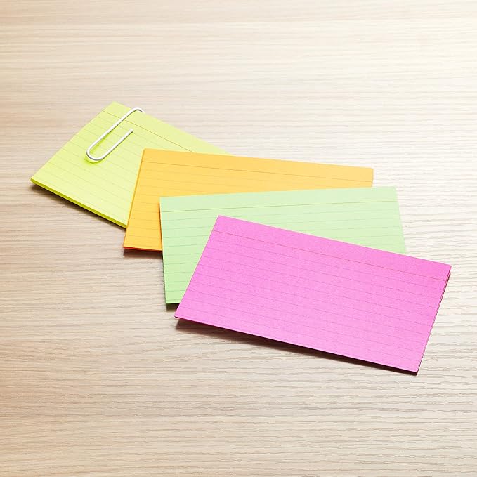 Amazon Basics Ruled Index Flash Cards for Studying and Note Taking, Assorted Neon Colored, 3x5 Inch, 300-Count (Pack of 10)