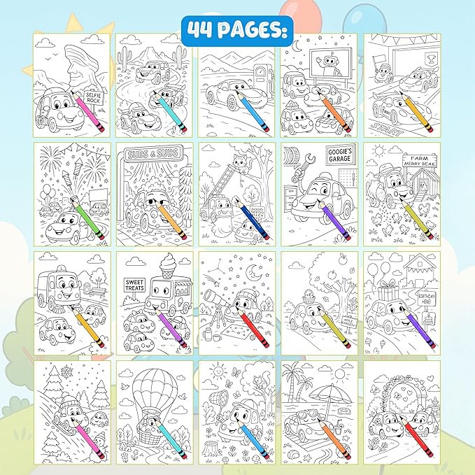 Coloring Book – Happy Wheels: Fun Vehicle Adventures for Kids – Spiral Bound, Perfect for Boys and Girls. Features Cars, Trucks, Buses & More on Wacky Roads! Thick 199 GSM Paper, Sheet Size 8.5x11 in.