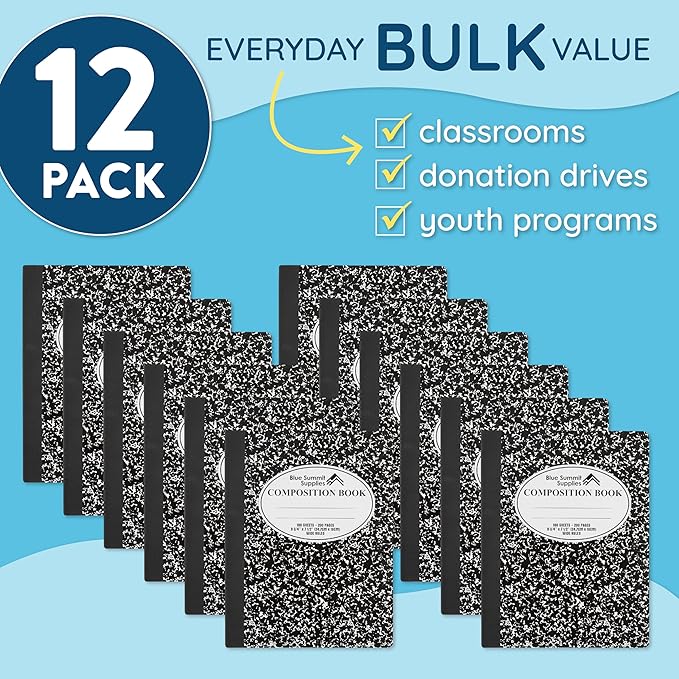 Blue Summit Black Composition Notebook, Black and white Composition Notebook Wide Ruled, Marble, 100 Sheets per Book, 12 Pack