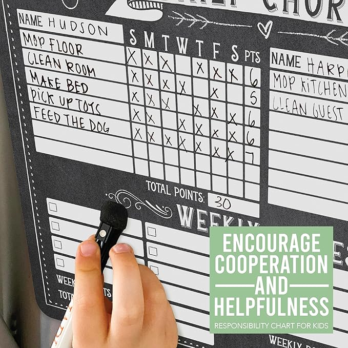 Hadley Designs Magnetic Chore Chart for Kids Multiple - Chores Board for Refrigerator, Dry Erase Task Chart for 2 Kids Daily Behavior, Family Weekly Planner for Teens and Adults, Chalk Chore Board