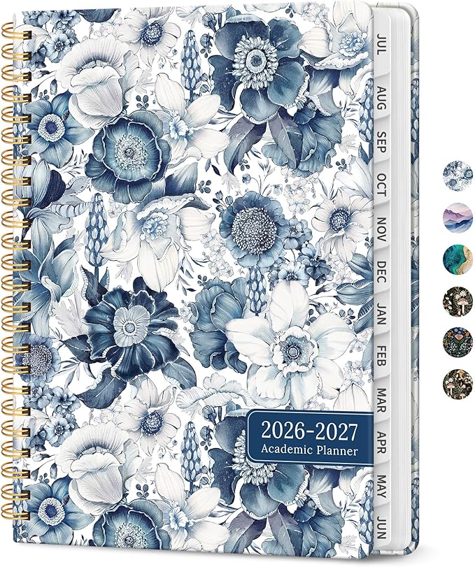 Planner 2026-2027, Academic Monthly and Weekly Calendar Planner for Women, July 2026 - June 2027, Hardcover Pretty Agenda Planner Book with Tabs, Spiral Daily Organizer for School Office Home Supplies, 6.3" x 8.5" - Blue Floral