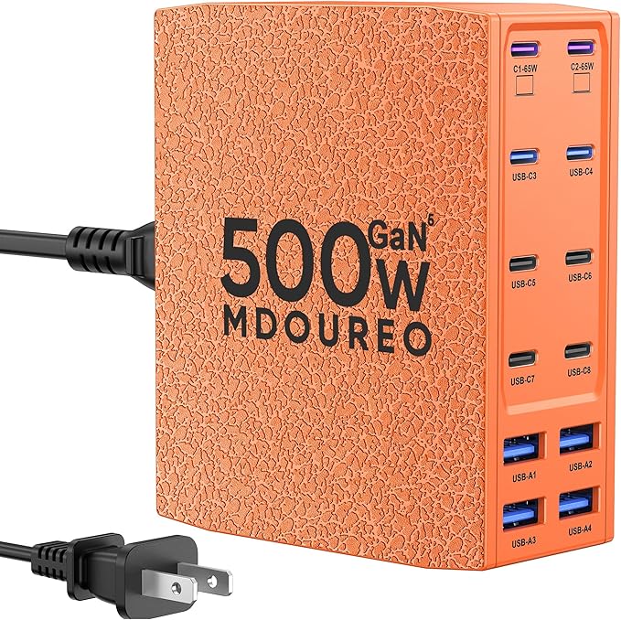 500W USB C Charger Block, 12-Port USB C Charging Station for Multiple Devices, Leather Texture Dual PD 65W Laptop Fast Charger Compatible with MacBook Pro/Air, iPad, iPhone,Galaxy and More,Orange