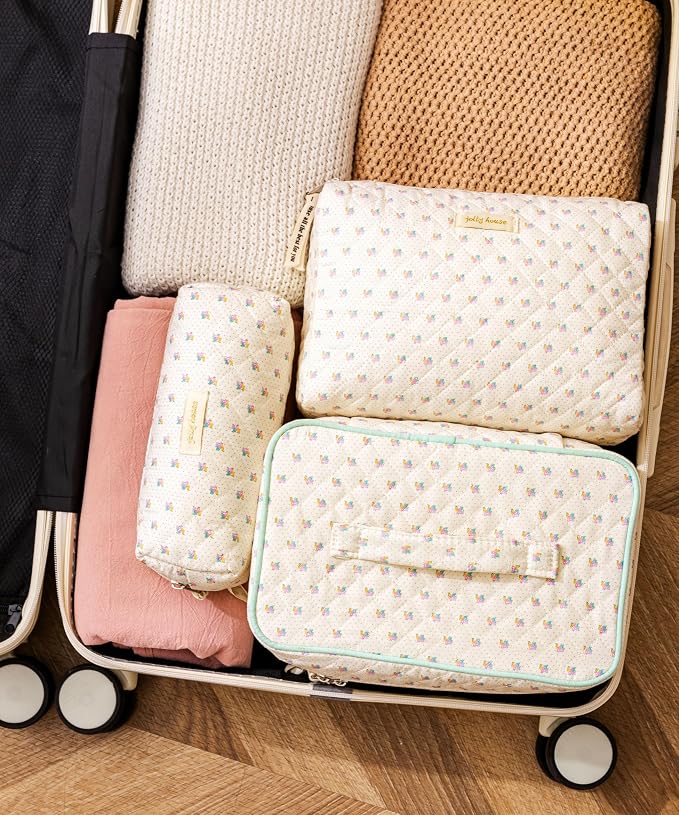 HBselect Quilted Makeup Bag, 3Pcs Cotton Large Travel Makeup Bags Organizer | Cute Floral Make up Bag Cosmetic Bag Toiletry Bag for Women Girls, Makeup Pouch for Skincare, Brushes & Travel Essentials