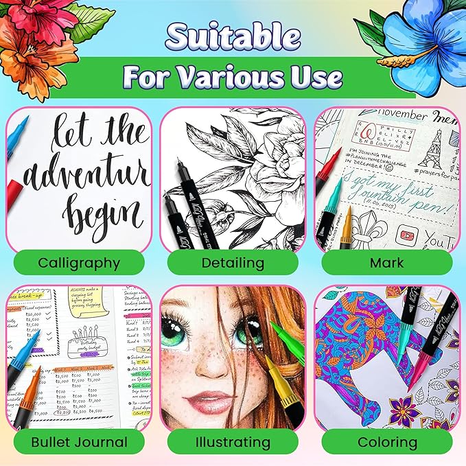 Dual Tip Brush Art Marker Pens, 80 Unique Color, Water-Based Ink, Fineliner & Brush Tip Pens for Arts Lover Adults, Coloring Drawing Book, Calligraphy Writing, Sketching and Doodling