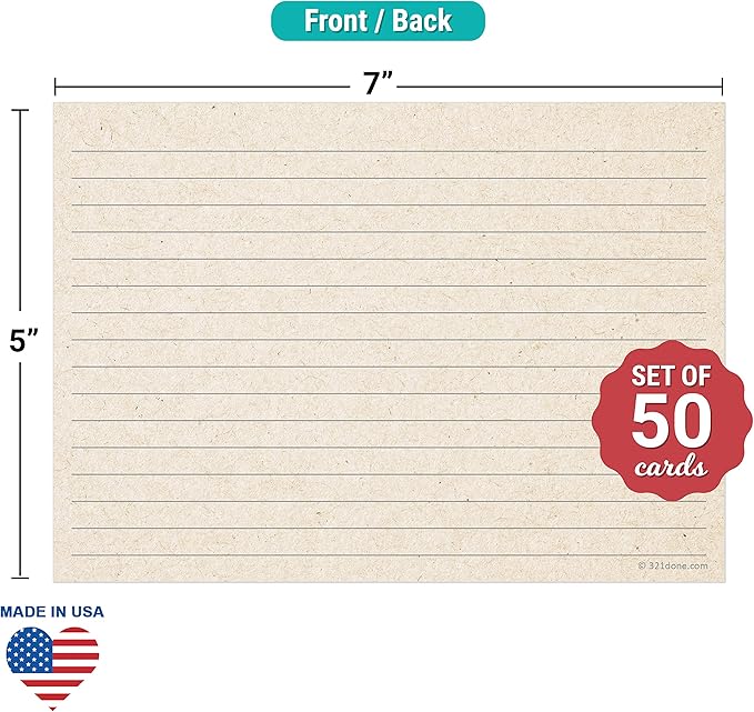321Done Jumbo Rustic Index Cards - Made in USA - Large Size 5x7 Horizontal (Set of 50), Kraft Tan College-Ruled Lined Notecards Double-Sided, Thick Heavy Duty Cardstock, Simple Note Cards Lines, XL