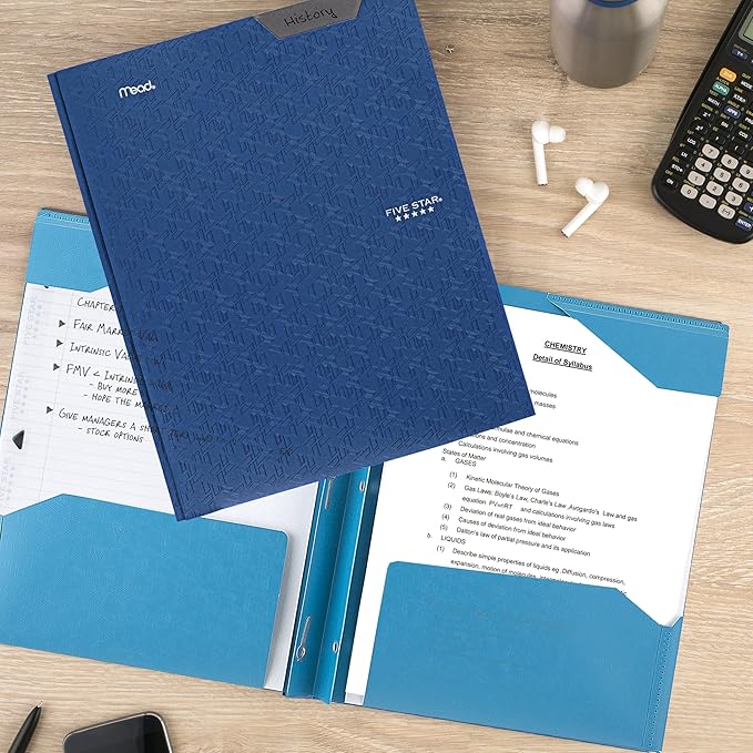 Five Star 2-Pocket Folder, Plastic Folder with Stay-Put Tabs and Prong Fasteners, Holds 8-1/2" x 11" Paper, Tidewater Blue (72107)