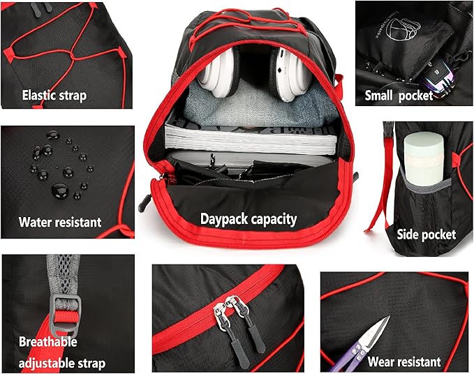 levayhill 16L Lightweight Foldable Hiking-Backpack Small Packable-Daypack For Travel,Ultralight Water-Resistant Gym Bag Men Women Easy Carry-on (Black+Red)