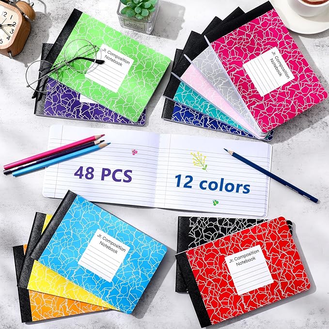 Resurhang 48 Pcs Jr. Composition Notebooks Colored Marble Half Size 4-7/8 x 7-1/2 Inches Composition Notebook 80 Sheet Marble Wide Ruled Assorted Primary Cover Notepad Bulk (Multicolor)