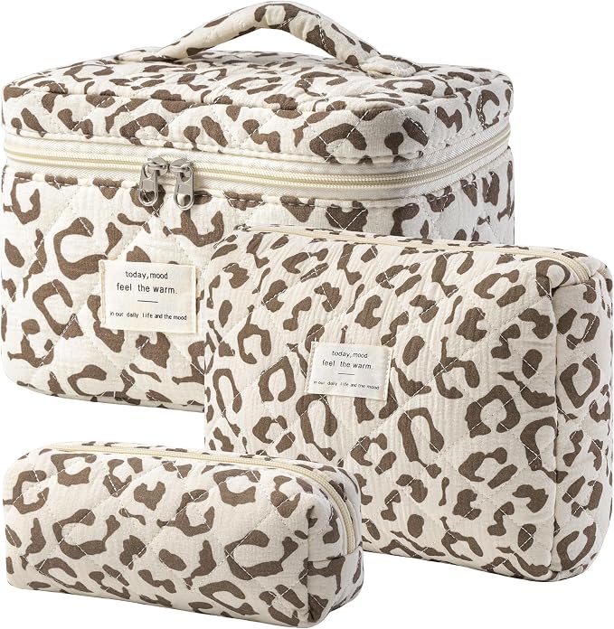 HBselect Quilted Makeup Bag, 3Pcs Cotton Large Travel Makeup Bags Organizer | Cute Floral Make up Bag Cosmetic Bag Toiletry Bag for Women Girls, Makeup Pouch for Skincare, Brushes & Travel Essentials