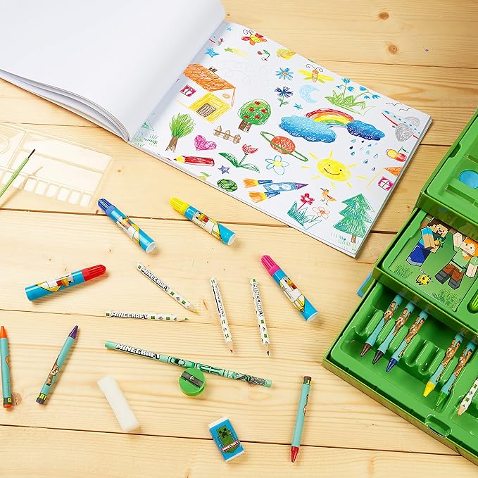 Minecraft Colored Pencils Art Supplies Set Crayons Watercolor Paints Colored Markers Coloring Drawing Kit Creeper Art Set Case Gamer Gifts for Boys