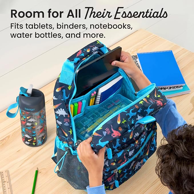 Bentgo Kids Backpack - Lightweight 14” Backpack in Fun Prints for School, Travel, & Daycare, Ideal for Ages 4+, Roomy Interior, Durable & Water-Resistant Fabric, & Loop for Lunch Bag (Dinosaur)