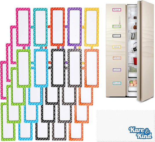 Kare & Kind 40 Pcs Magnetic Dry Erase Labels - Smooth Surface, Reusable and Writable Name Plates - Sticky Tags for Refrigerators and WhiteBoards - Use at Home, School and Office - Art and Crafts