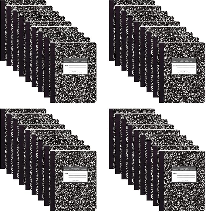 ROARING SPRING Hard Cover Composition Notebook, 36 Pack, Black Marble Comp Book, 9.75″ x 7.5″, Wide-Ruled with Margin, 60 Sheets (120 Pages), Made in USA