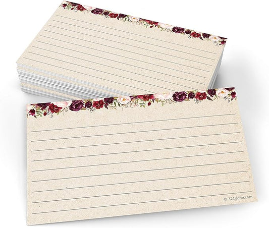 321Done Floral Ruled Index Cards - Made in USA - Small 3x5 (Set of 50), Narrow-Ruled Lined Notecards Double-Sided, Thick Heavy Duty Cardstock, Cute Pretty Flowers Red Roses Rustic Kraft Tan Notes