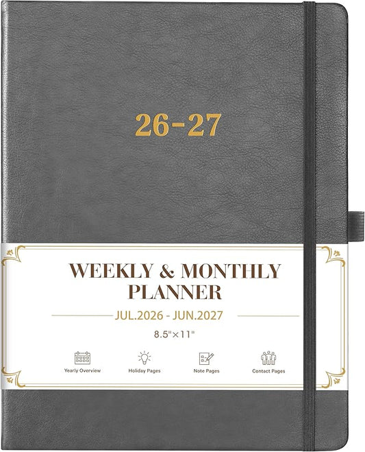 2026-2027 Planner - Weekly and Monthly Planner 2026-2027, Jul. 2026 - Jun. 2027, 9" x 11", 26-27 Calendar Planner with Inner Pocket + Elastic Closure + Pen Loop + Bookmarks, Leather Hardcover - Grey