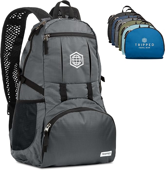 TRIPPED Travel Gear Granite Grey 35L Foldable Backpack, Lightweight, Packable, with Padded Shoulder Straps, Ideal for Travel, Hiking, and Everyday Use