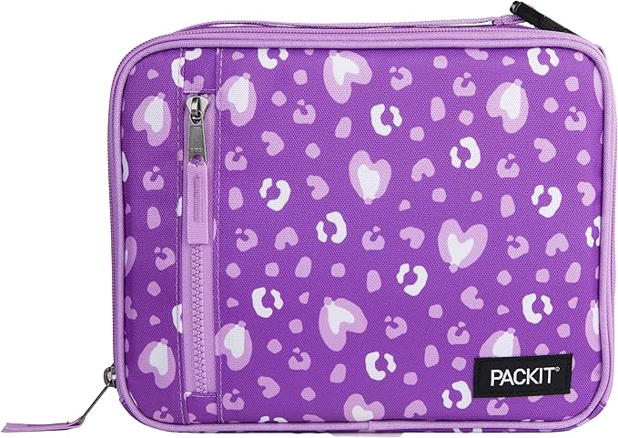 PackIt Freezable Classic Lunch Box, Leopard Hearts Purple, Built with EcoFreeze Technology, Collapsible, Reusable, Zip Closure With Front Pocket and Buckle Handle, Designed for Fresh Lunch On the Go