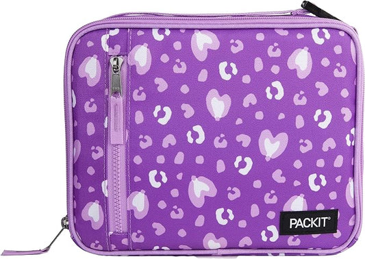 PackIt Freezable Classic Lunch Box, Leopard Hearts Purple, Built with EcoFreeze Technology, Collapsible, Reusable, Zip Closure With Front Pocket and Buckle Handle, Designed for Fresh Lunch On the Go
