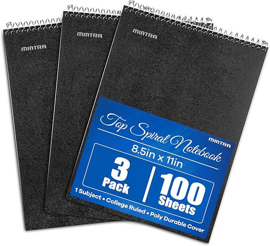 Mintra Office TOP BOUND Durable Spiral Notebooks (Black, College Ruled 3pk)