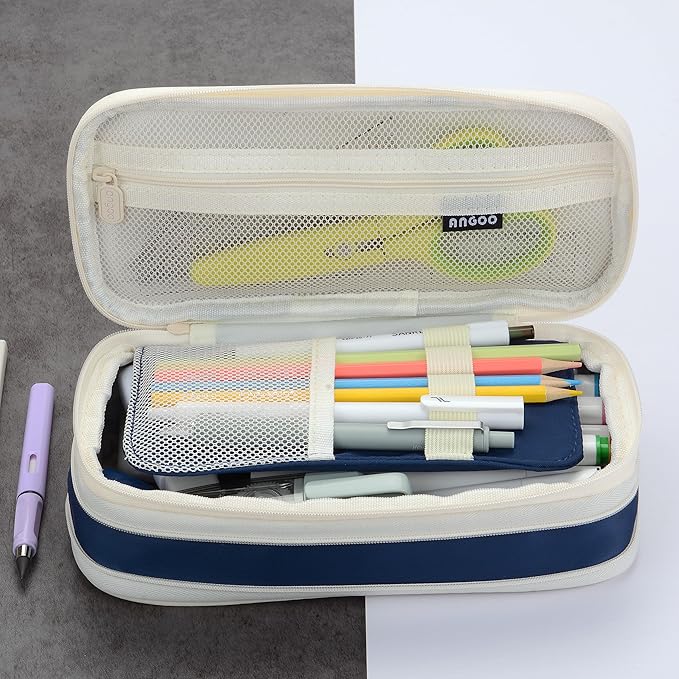 Large Capacity Big Special Cute Aesthetic Preppy Canvas Pencil Case Organizer Holder Pouch Bag with Zipper Compartments, Pen Cases for Women Girls School Adults (Navy)