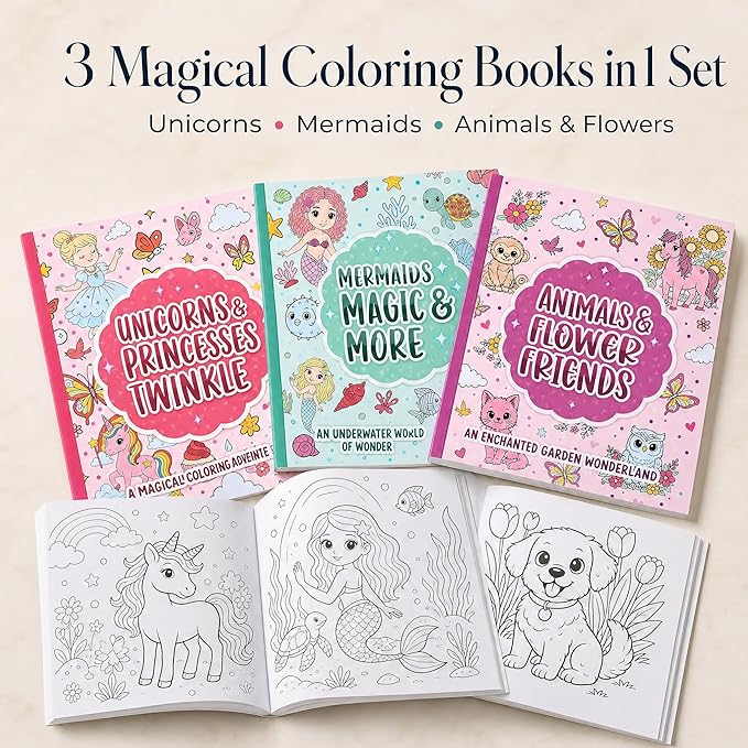 ZICOTO Fun Coloring Books for Kids Set of 3 – Cute Princess, Unicorn & Mermaid Coloring Book for Girls Ages 4–8 – Easy to Color Gift with Magical Themes for Your Creative Little Princess