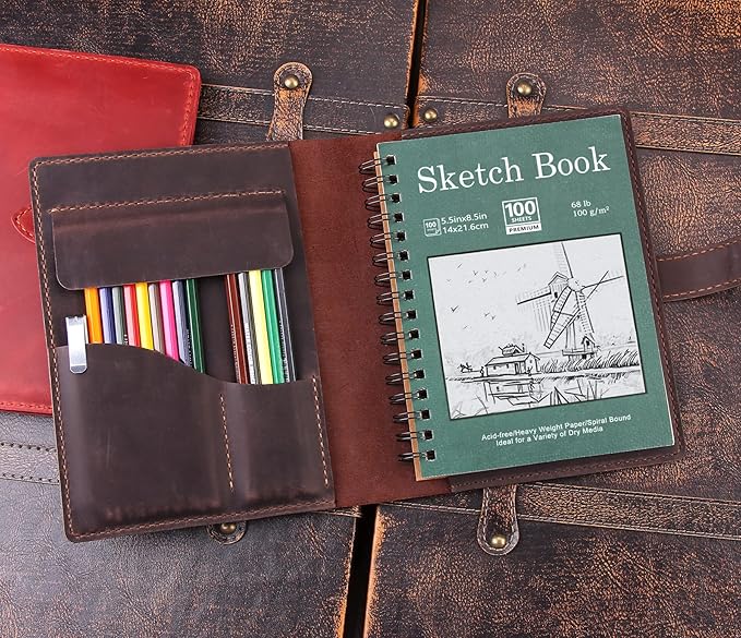 Robrasim Handmade Leather Sketchbook Cover, Leather Artist Sketch Pad Cover for 5.5" x 8.5" Sketchbook, Drawing Book and Pencil Case, Journal Notebook Portfolio, Artis Gifts-Coffee