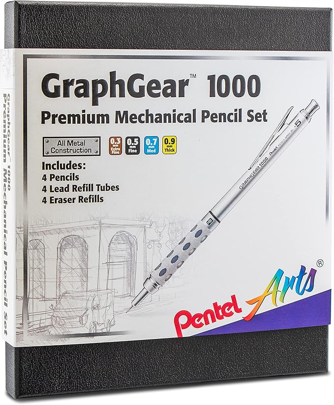Pentel Arts GraphGear 1000 Mechanical Pencil Premium Gift Set with Refill Leads & Erasers (PG1000BXSET) (Pack of 6)