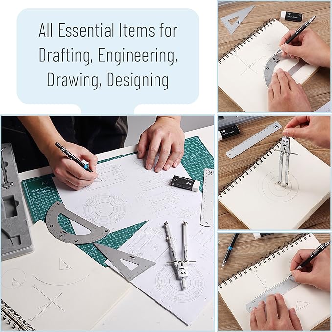 Mr. Pen- Professional Geometry Set, 17 pcs, Metal Compass, Mechanical Pencils, Rulers, Protractor & Set Squares, Lead Refills, Extra Screws & Needles, Drafting Kit for Math, Engineering & Architecture
