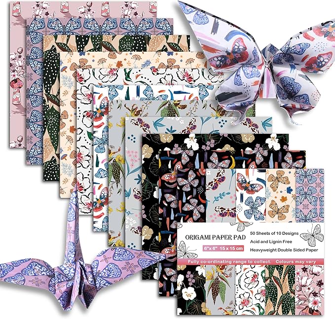 Origami Paper 6x6 Double Sided 50 Sheets 10 Colors origami kit Japanese Chiyo Square Craft Kits Easy Fold Arts Crafts DIY Handwork Butterfly