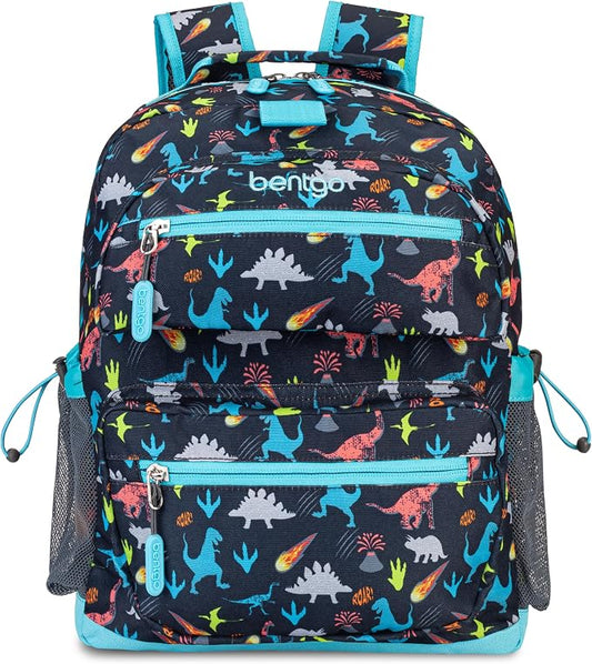 Bentgo Kids Backpack - Lightweight 14” Backpack in Fun Prints for School, Travel, & Daycare, Ideal for Ages 4+, Roomy Interior, Durable & Water-Resistant Fabric, & Loop for Lunch Bag (Dinosaur)