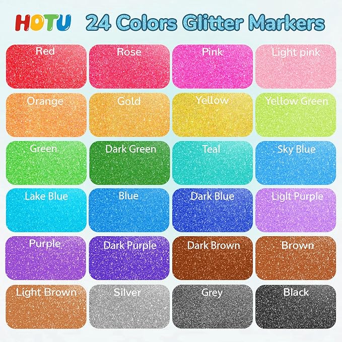 HOTU Glitter Markers Pen: 24 Sparkly Colors Metallic Marker 0.7mm Extral Fine Tip Acrylic Glitter Paint Pens for Rock Painting, Ceramic, Glass, Wood, Fabric, Scrapbooking, DIY Craft Making