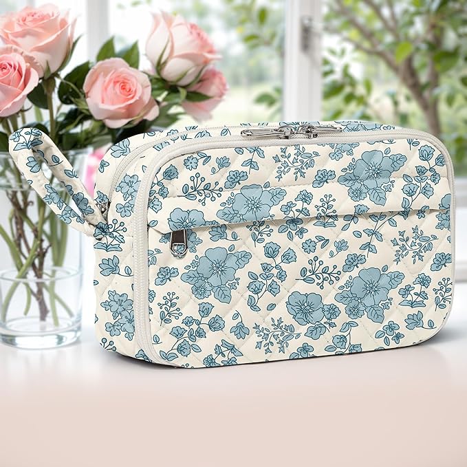 WOBAGMEN Quilted Pencil Pouch for Girls Women, Large Pencil Case Pouch with Compartments Cute Aesthetic Pencil Case Organizer, Floral Pencil Bag for School Supplies (blue floral)