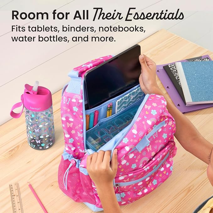 Bentgo Kids Backpack - Lightweight 14” Backpack in Fun Prints for School, Travel, & Daycare, Ideal for Ages 4+, Roomy Interior, Durable & Water-Resistant Fabric, & Loop for Lunch Bag (Rainbows)