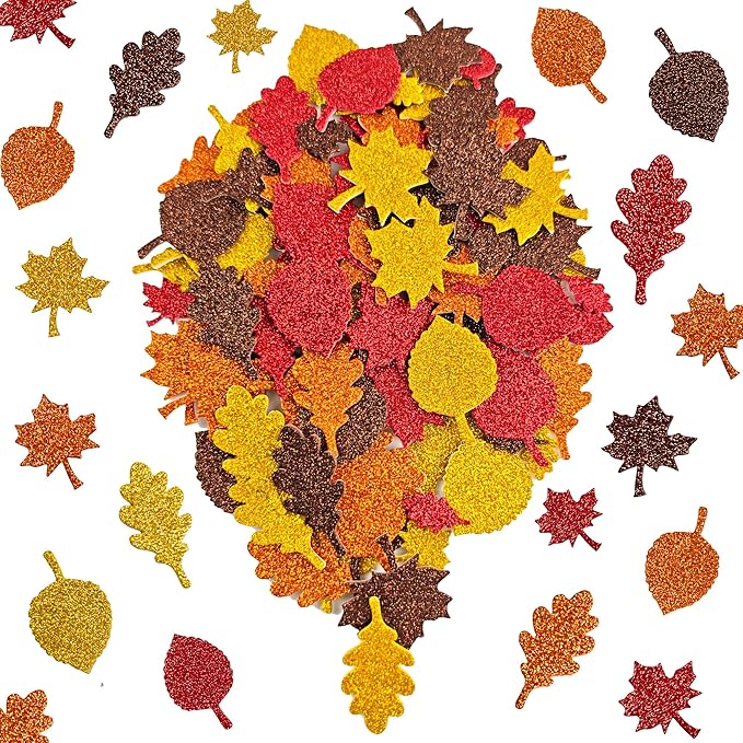Fall Decor - Maple Leaf Glitter Foam Stickers | 138 PCS Self Adhesive Fall Stickers - Thanksgiving Crafts for Kids -Friendsgiving Party Supplies Favors for Halloween Gifts