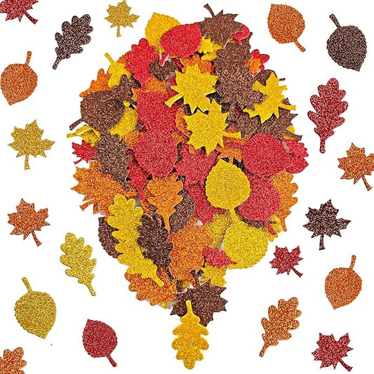 Fall Decor - Maple Leaf Glitter Foam Stickers | 138 PCS Self Adhesive Fall Stickers - Thanksgiving Crafts for Kids -Friendsgiving Party Supplies Favors for Halloween Gifts