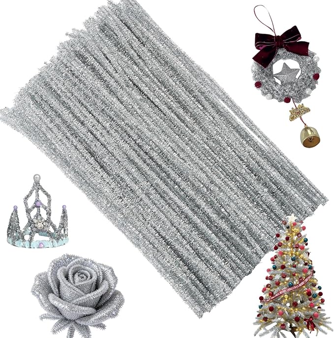 200Pcs Glitter Silver Pipe Cleaners Craft,Sparkly Pipe Cleaners,Art Aupplies Toys for Kids,DIY Craft Supplies for Halloween/Christmas Home Decor,Fidget Toys for Kids,Christmas Crafts for Girls 8-12