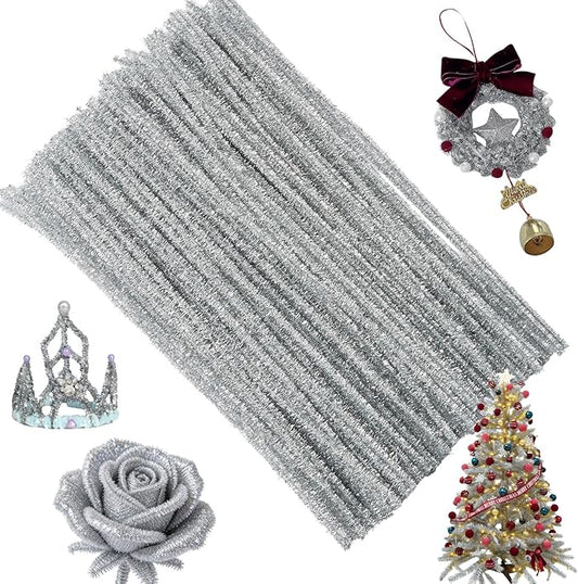 200Pcs Glitter Silver Pipe Cleaners Craft,Sparkly Pipe Cleaners,Art Aupplies Toys for Kids,DIY Craft Supplies for Halloween/Christmas Home Decor,Fidget Toys for Kids,Christmas Crafts for Girls 8-12