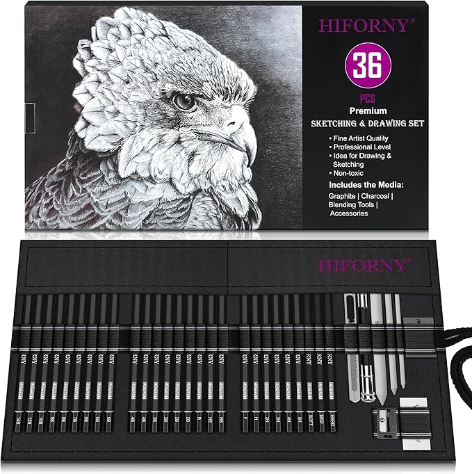 HIFORNY 36 PCS Sketching Drawing Pencil Set,Sketch Pencils Art Supplies with Graphite,Charcoal,Blending Tools,Accessories,Drawing Kit for Adults Artists in Canvas Roll Up Case