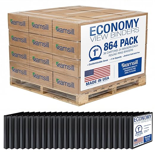 Samsill Economy 1 Inch 3 Ring Binder Bulk Pallet, Made in The USA, Round Ring Binder, Customizable Clear View Cover, Black, Pallet of 864 Binders in 36 Cartons