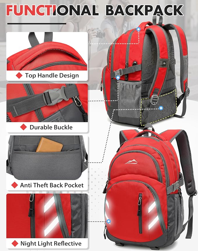 ProEtrade Extra Large Backpack Bookbag for College Laptop Travel, Fit Laptop Up to 17 inch with USB Charging Port Multi Compartment Anti theft, Gift for Women Men (Light Red)