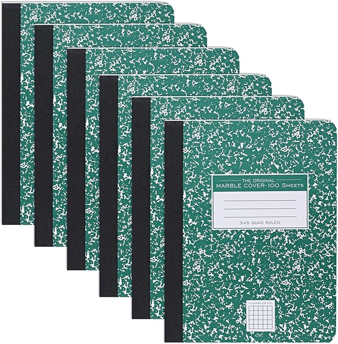 ROARING SPRING Hard Cover Composition Notebook, 6 Pack, Green Marble Comp Book, 9.75″ x 7.5″, 5x5 Grid Graph Ruled, 100 Sheets (200 Pages), Made in USA