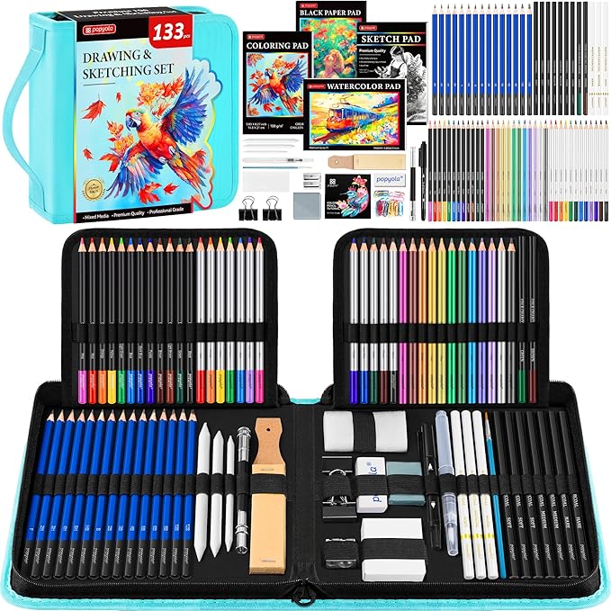 133 Pack Art Supplies Sketching Kit with Sketch Book, Coloring Book, Watercolor Pad, Black Paper Pad, Tutorial, Graphite Colored Charcoal Watercolor & Metallic Pencils for Artists Beginners Adults