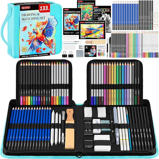 133 Pack Art Supplies Sketching Kit with Sketch Book, Coloring Book, Watercolor Pad, Black Paper Pad, Tutorial, Graphite Colored Charcoal Watercolor & Metallic Pencils for Artists Beginners Adults