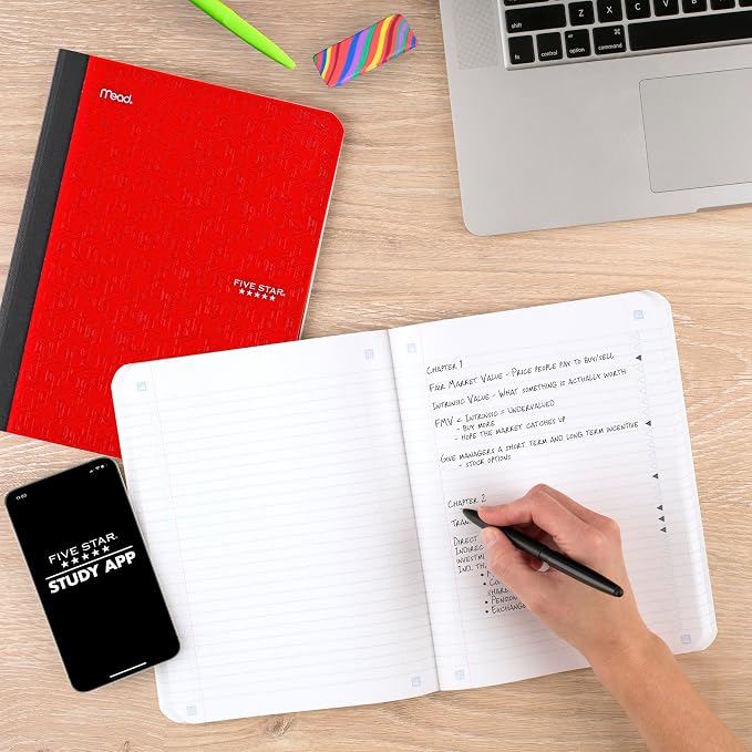Five Star Composition Books + Study App, 6 Pack, College Ruled Paper, 9-3/4" x 7-1/2", 80 Sheets, Black, Red, Green, Blue, Purple, White (850065A-ECM)