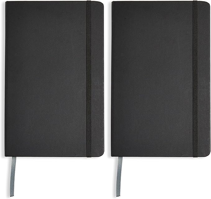 Amazon Basics Classic Lined Writing Notebook for Note Taking and Journaling, Hardcover with Elastic Closure, 240 Pages, 5" x 8.25", Black (Pack of 2)